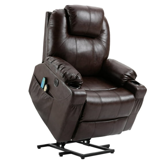 MEETWARM Power Lift Chair Electric Recliner for Elderly Heated Vibration Massage Faux Leather Recliner Chair with 2 Remote Controls, USB Ports, Cup Holders & Side Pockets for Living Room (Brown)
