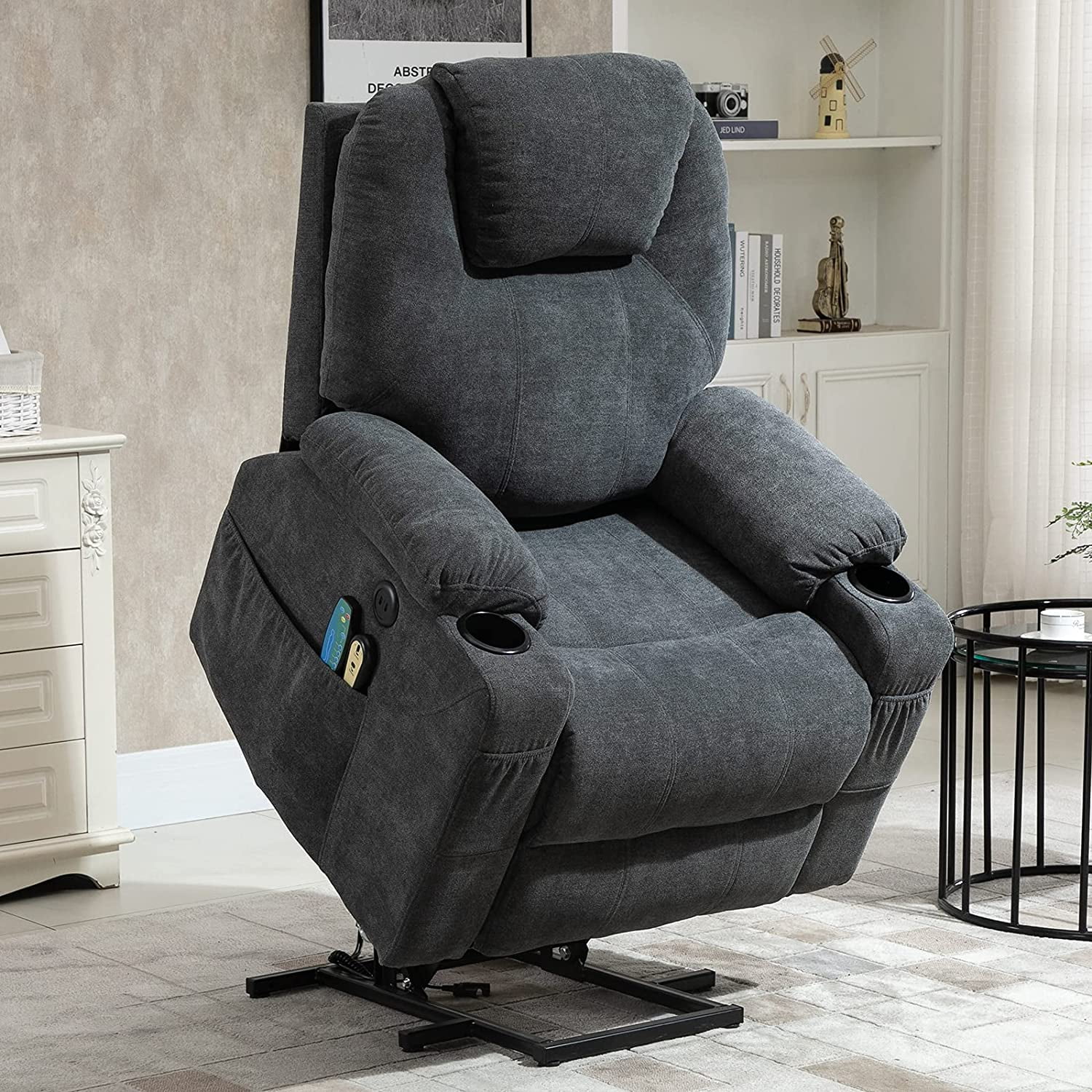 MEETWARM Power Lift Recliner Chair with Massage & Heating, USB Ports, Cup Holders - Grey