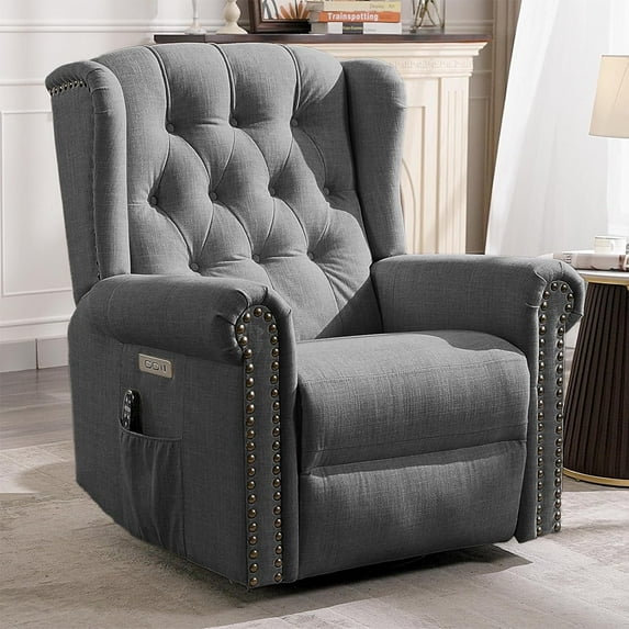 MEETWARM Power Swivel Rocking Glider Recliner Chair with Heat and Vibration, Electric Rocker Nursery Reclining Chair, Wingback Tufted Upholstered Recliner for Living Room, Type-C & USB Ports (Grey)
