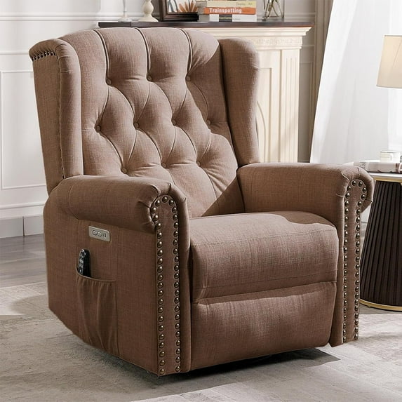 MEETWARM Power Swivel Rocking Glider Recliner Chair with Heat and Vibration, Electric Rocker Nursery Reclining Chair, Wingback Tufted Upholstered Recliner for Living Room, Type-C & USB Ports (Brown)