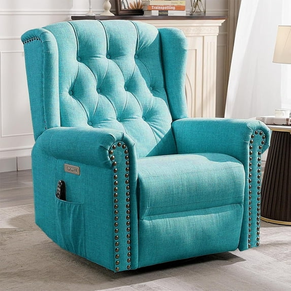 MEETWARM Power Swivel Rocking Glider Recliner Chair with Heat and Vibration, Electric Rocker Nursery Reclining Chair, Wingback Tufted Upholstered Recliner for Living Room, Type-C & USB Ports (Teal)