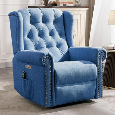 MEETWARM Power Swivel Rocking Glider Recliner Chair with Heat and Vibration, Electric Rocker Nursery Reclining Chair, Wingback Tufted Upholstered Recliner for Living Room, Type-C & USB Ports (Blue)