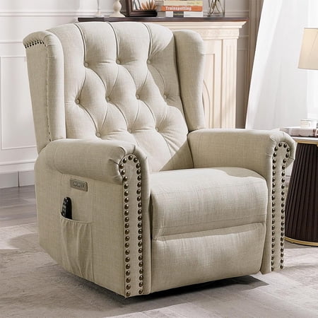 MEETWARM Power Swivel Rocking Glider Recliner Chair – Heat & Vibration Functions, Wingback Tufted Upholstery, Type-C & USB Ports, For Nursery & Living Room (Beige)