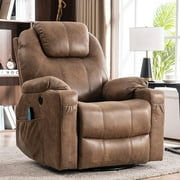 MEETWARM Swivel Rocker Massage Recliner Chair with Heat Ergonomic, Manual Glider Rocking Recliner Chair, 360  Swivel Lounge Reclining Chair with 4 Pockets/Cup Holders/Remote Control/USB Ports, Brown