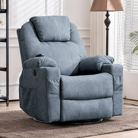 MEETWARM Swivel Rocker Massage Recliner Chair with Heat Ergonomic, Manual Glider Rocking Recliner Chair, 360° Swivel Lounge Reclining Chair with Cup Holder/Pockets/Remote Control/USB Ports, Gray-blue