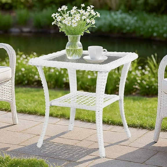 MEETWARM Wicker Outdoor Side Table, All-Weather Patio Rattan Side Table with Tempered Glass Top and Storage Shelf, Small Patio End Table for Outside Indoor Outdoor Balcony Porch Deck, White