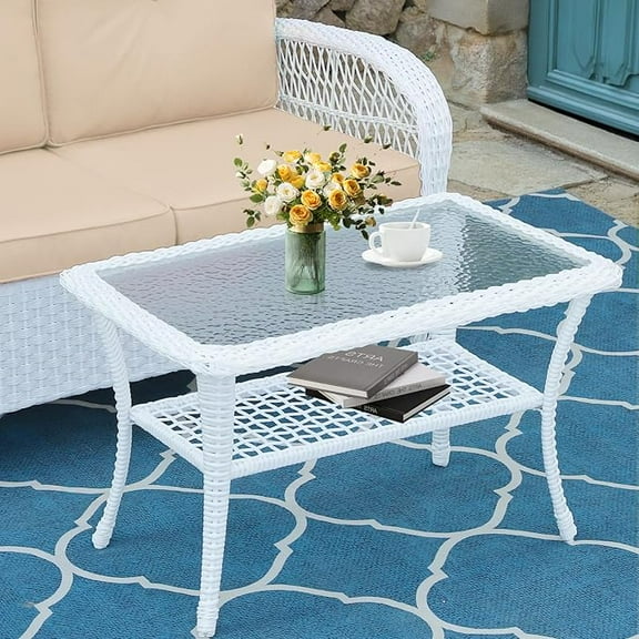 MEETWARM Wicker Patio Coffee Table, 34.5" Rectangle Outdoor Coffee Table with Tempered Glass Top and 2-Tier Storage Shelf, All-Weather Rattan Patio Side Table for Outside Poolside Deck Garden, White