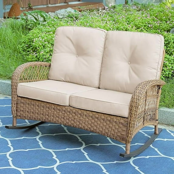 MEETWARM Wicker Patio Rocking Loveseat, Oversized Outdoor Double Rocking Chair with Cushions and High Back,All-Weather 2 Seat Sofa Bench Rocking Wicker Furniture for Garden Balcony Porch, Brown/Beige