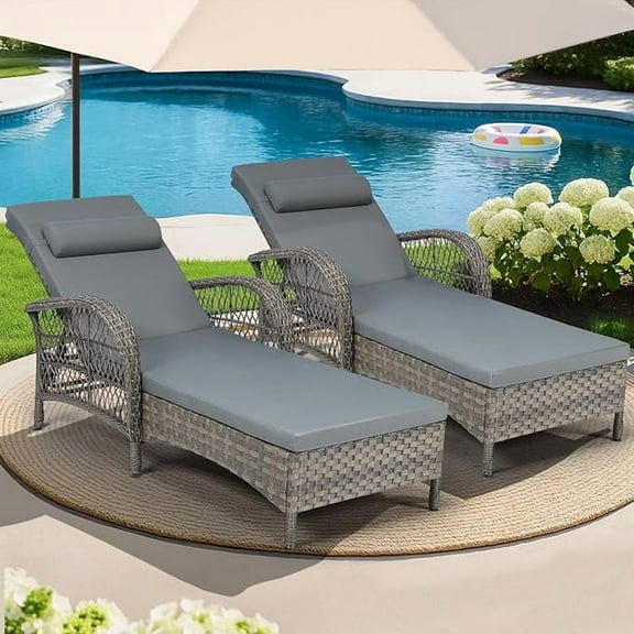 MEETWARM Outdoor Wicker Chaise Lounge Chair Set of 2, All-Weather PE Rattan Cushioned Patio Lounger Chairs, 6-Position Adjustable Outside Pool Sunbathing Recliner with Armrest & Pillow, Gray