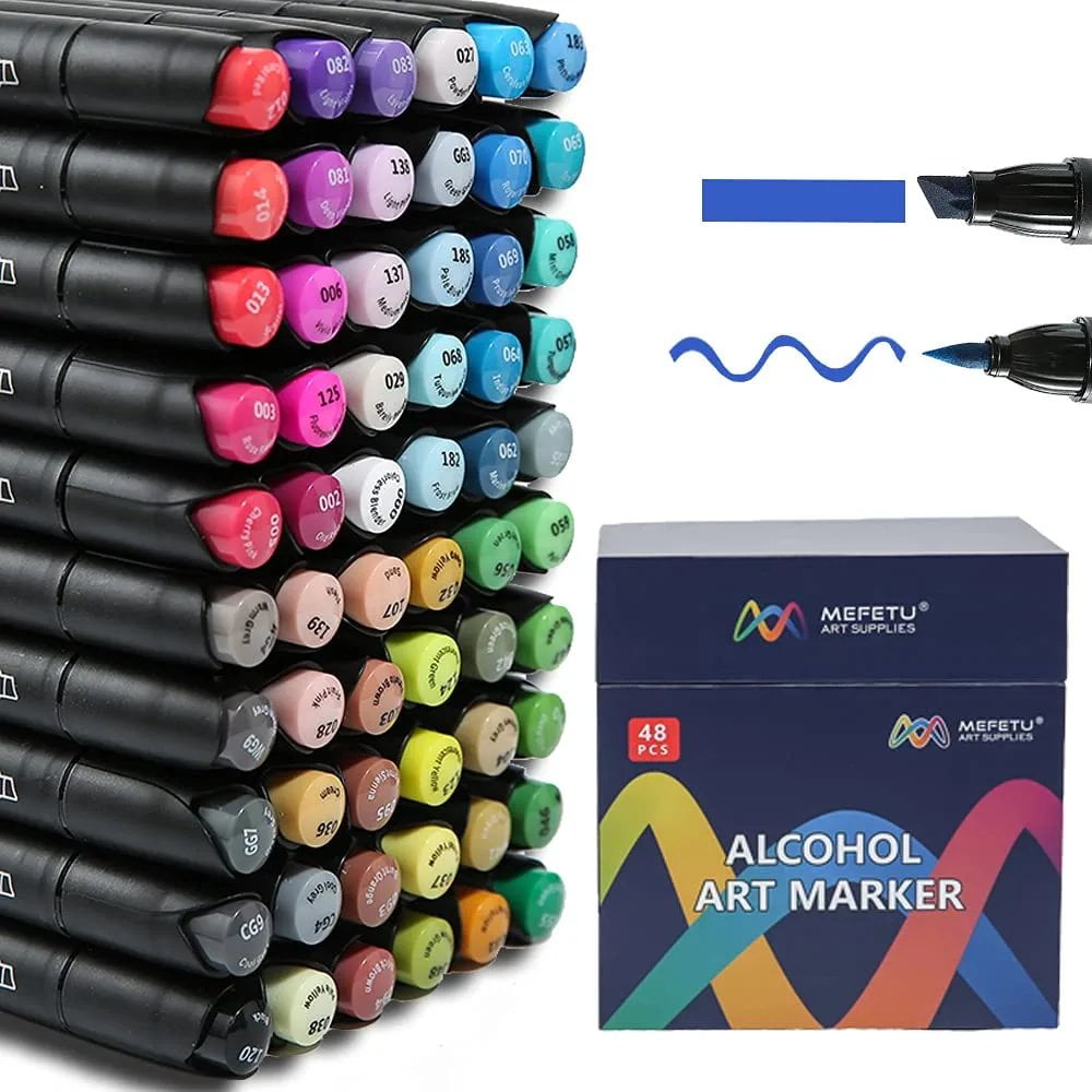 MEFETU 48 Colors Artist Alcohol Brush Markers, Brush & Chisel Dual Tips,  Permanent Alcohol Based Art Markers Set for Painting, Coloring, Sketching  and Drawing . 