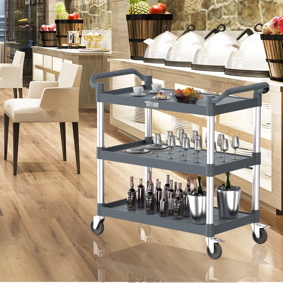 MEFFIR Commercial 3-Shelf Janitorial Cart, 500lb Capacity Cleaning Trolley with 22 Gal Trash Bag & Locking Lid, Blue OSHA Cart