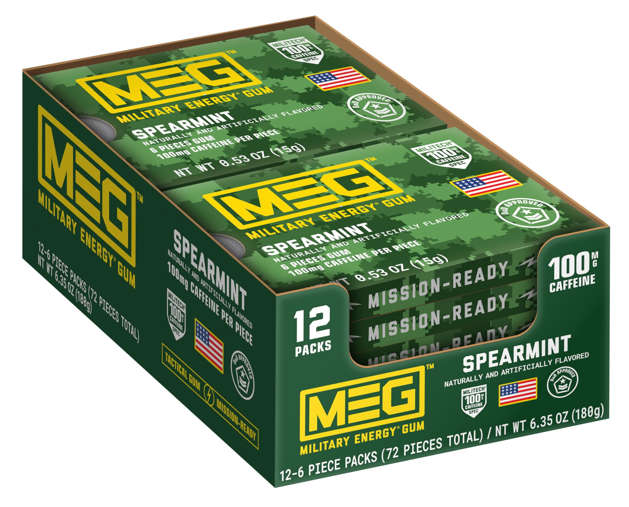 MEG (Military Energy Gum) - Spearmint | Energy Caffeine Gum | 100mg Caffeine Per Piece |Fast-Acting Performance Boost - 12 Packs