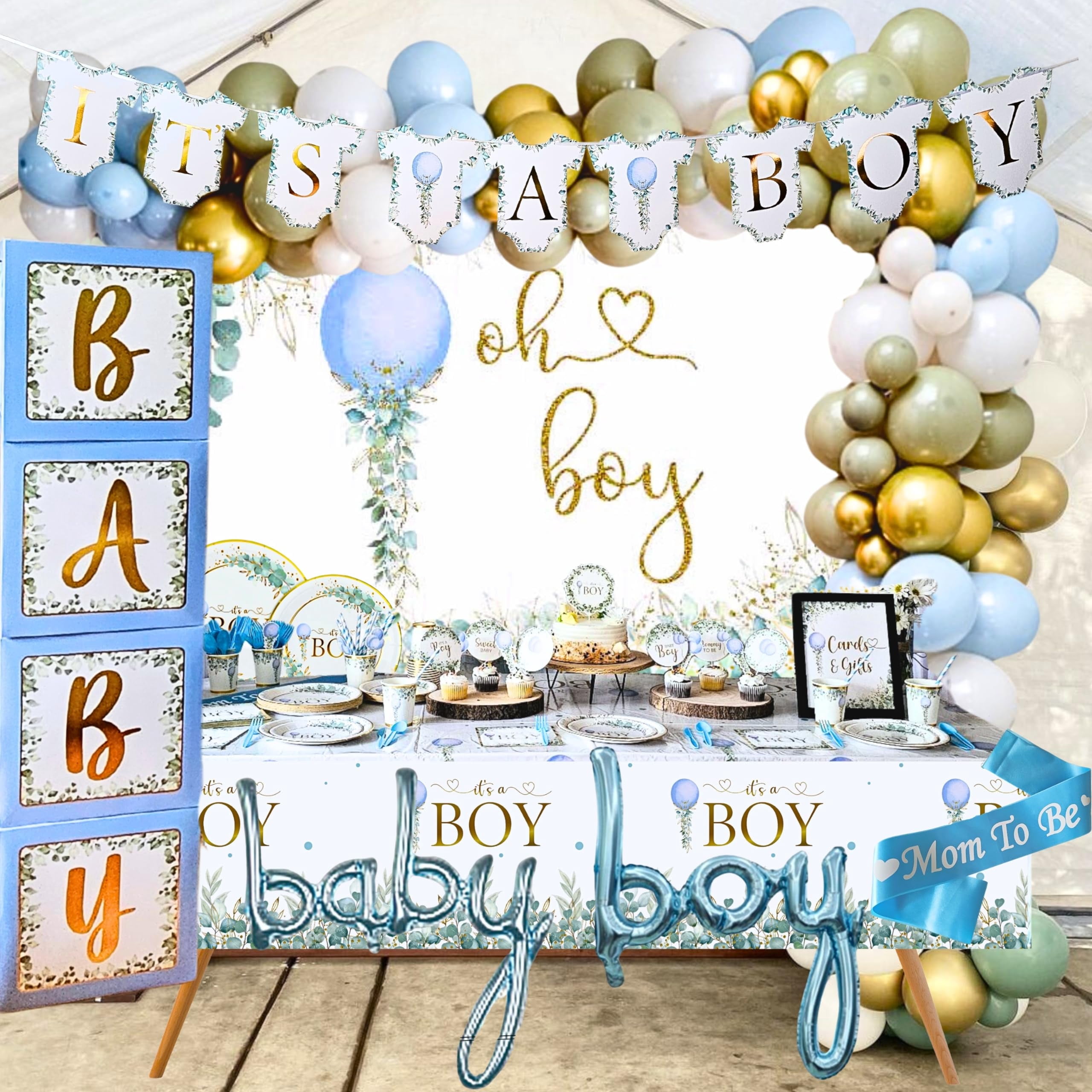 MEGA 254 Pc Dusty Blue And Sage Green Baby Shower Decorations Boy | Gender Neutral Balloons Garland Kit | BABY boxes | Banners, Cake Topper, Tablecloth, Plates, Napkins, Straws, Cups,