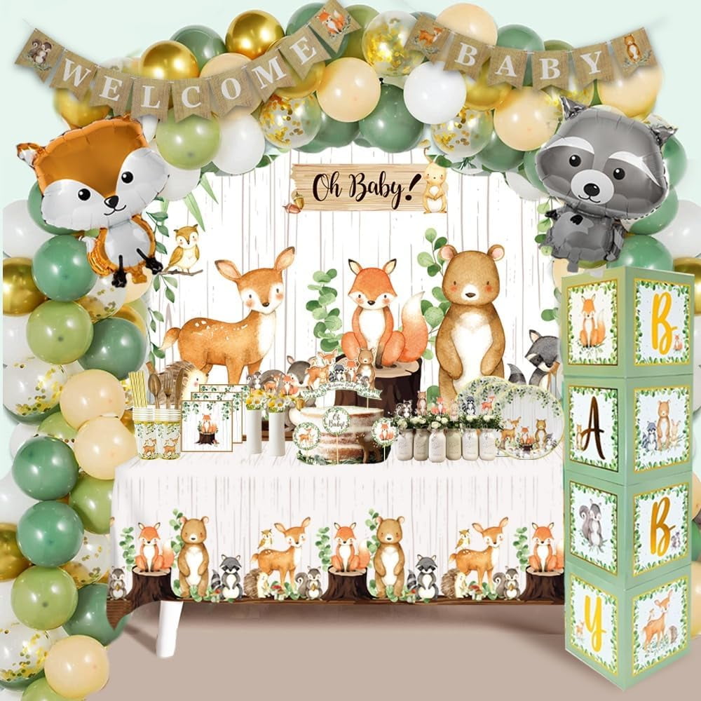 MEGA 257-Piece Woodland Baby Shower Decorations Kit for Boy & Girl, Gender Neutral Forest Animal Theme, Includes BABY Boxes, Banner, Backdrop, Balloon Garland, Tableware for 20 Guests