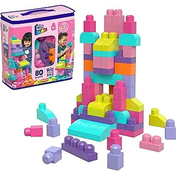 MEGA BLOKS First Builders Toddler Blocks Toys Set, Big Building Bag with 80 Pieces and Storage, Blue, Ages 1+ Years