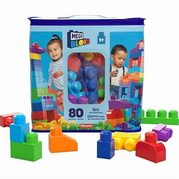 MEGA BLOKS First Builders Toddler Blocks Toys Set, Big Building Bag with 80 Pieces and Storage, Blue, Ages 1+ Years