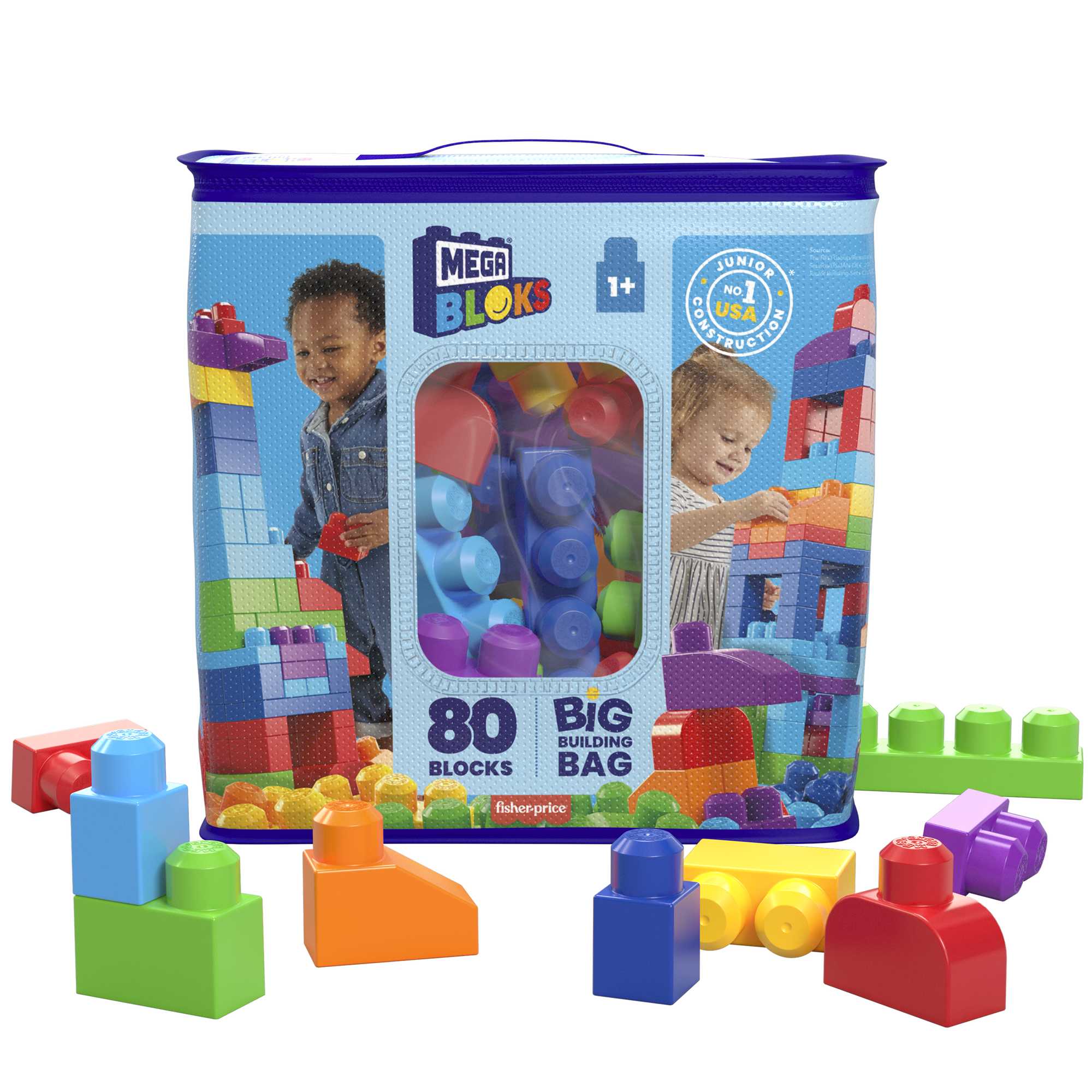 MEGA BLOKS Fisher-Price Big Building Bag, Building Blocks for Toddlers With Storage (80 Pieces), Blue, Ages 1-5 Years - image 1 of 7