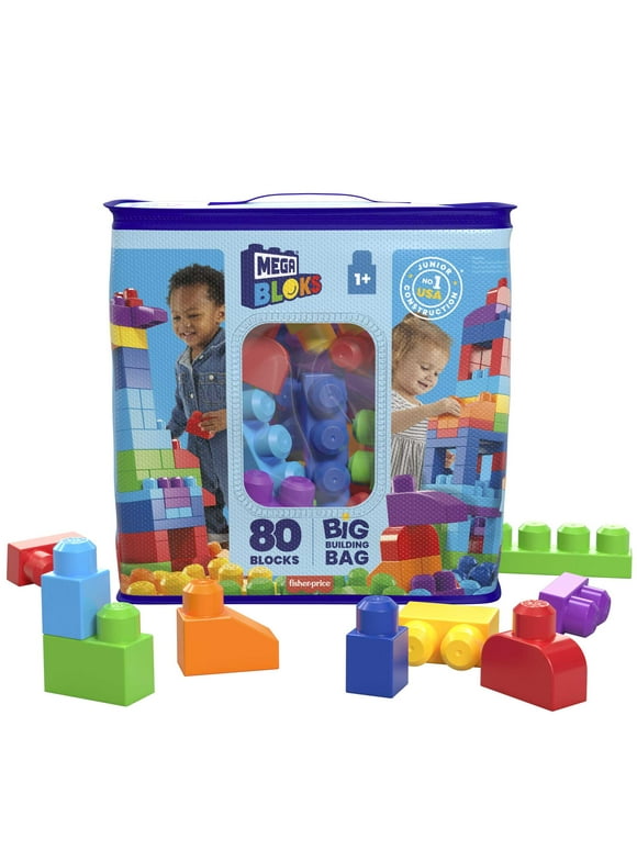 MEGA BLOKS Fisher-Price Big Building Bag, Building Blocks for Toddlers With Storage (80 Pieces), Blue, Ages 1-5 Years