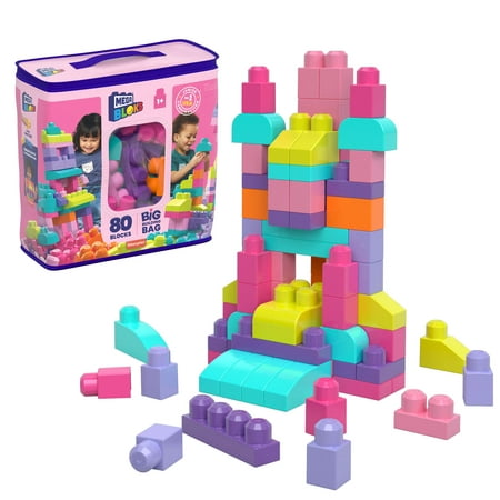 MEGA BLOKS Fisher-Price Big Building Bag, Building Blocks for Toddlers With Storage (80 Pieces), Pink