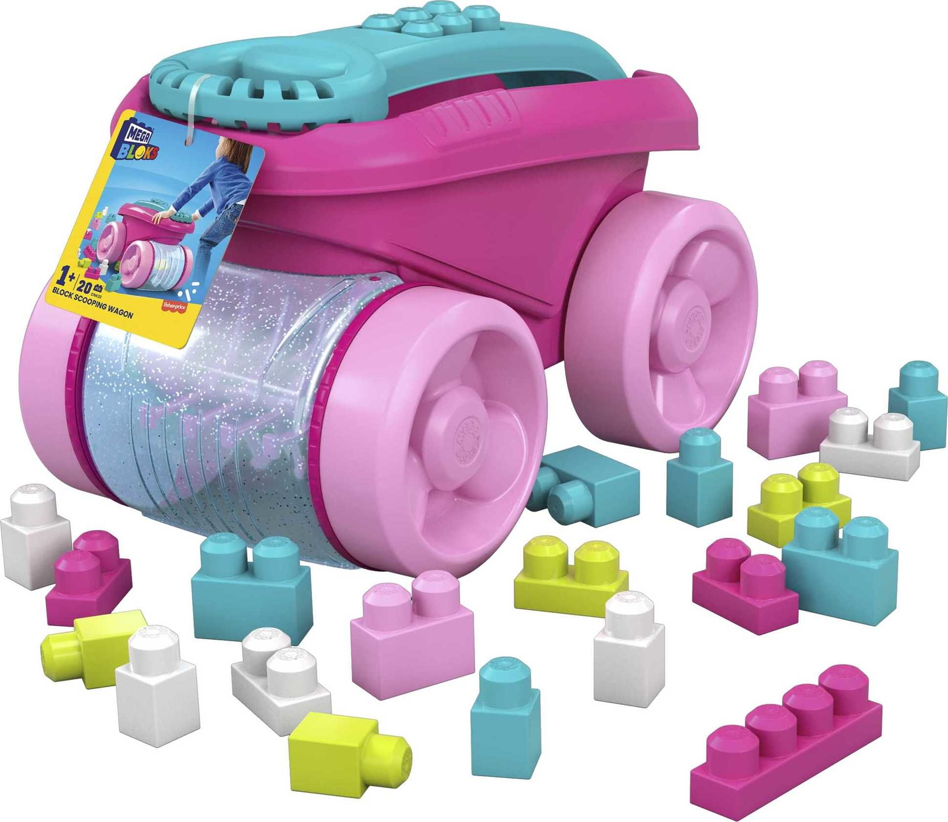MEGA BLOKS Fisher-Price Pink Block Scooping Wagon Building Toy (21 Pieces) for Toddler, Plastic