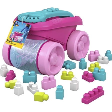 MEGA BLOKS Fisher-Price Pink Block Scooping Wagon Building Toy (21 Pieces) for Toddler, Plastic