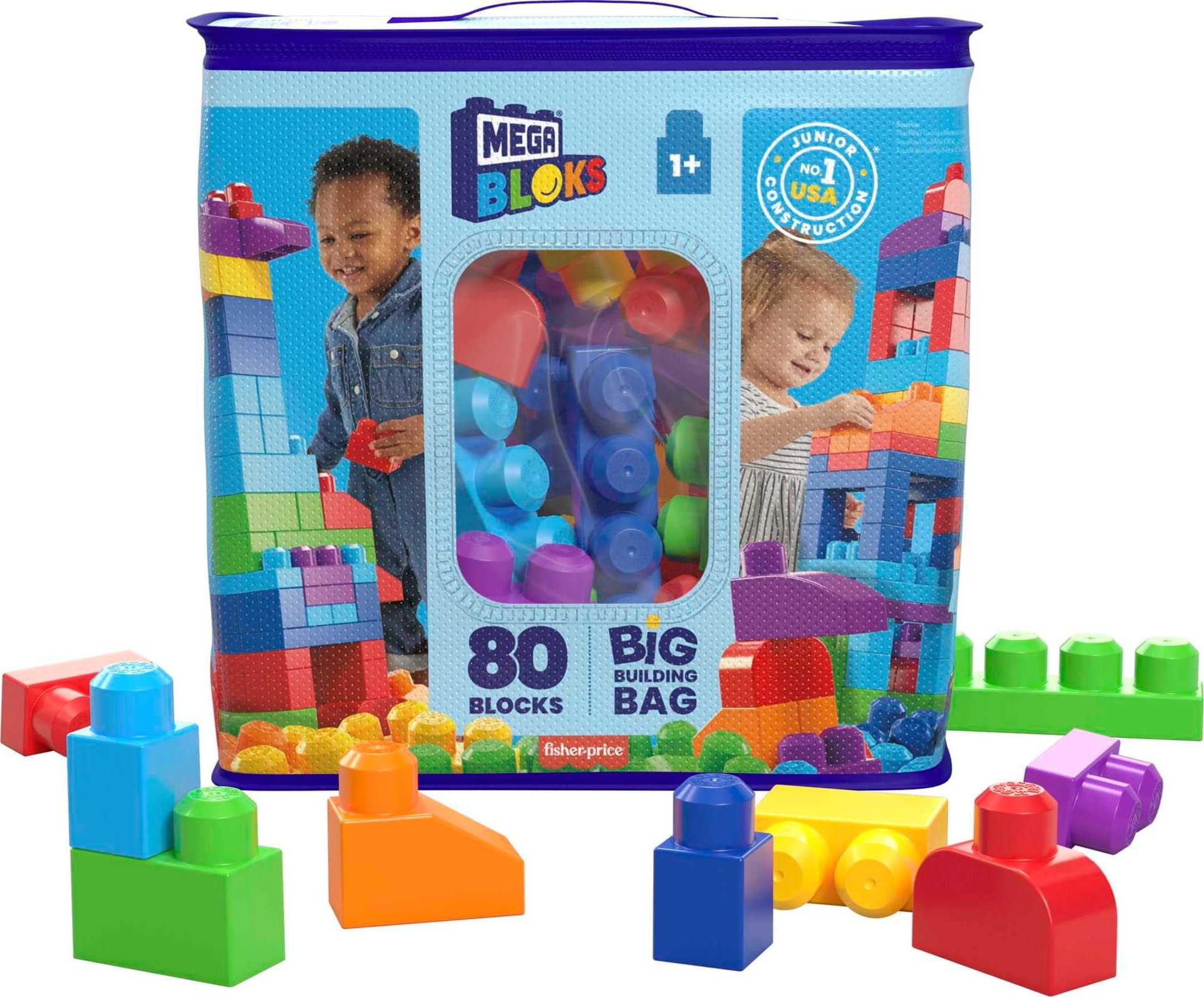 MEGA BLOKS First Builders Toddler Blocks Toys Set, Big Building Bag with 80 Pieces and Storage, Blue, Ages 1+ Years C25