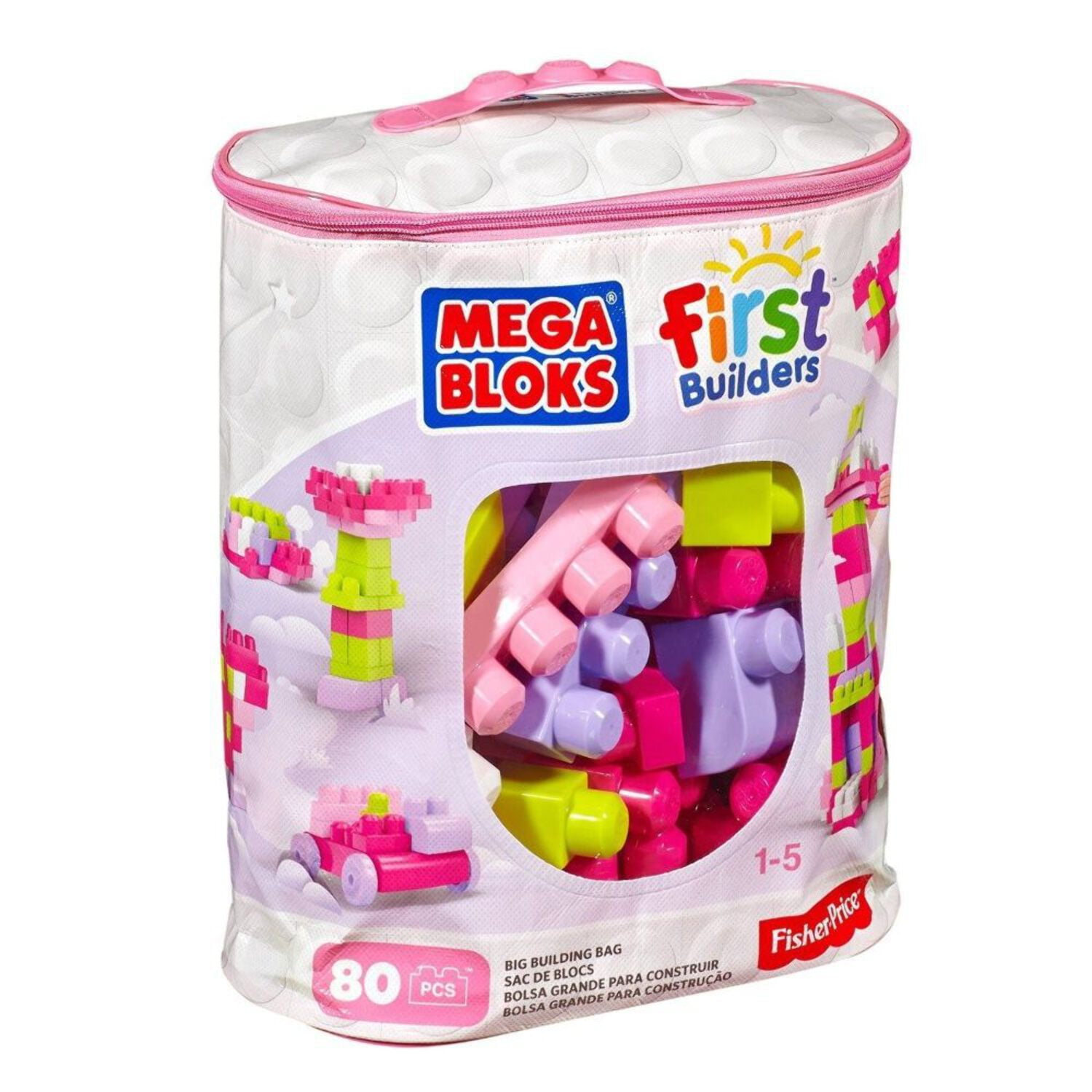 MEGA BLOKS Fisher-Price Toddler Block Toys, Big Building Bag with 80 Pieces and Storage Bag, Pink, Gift Ideas for Kids Age 1+ Years