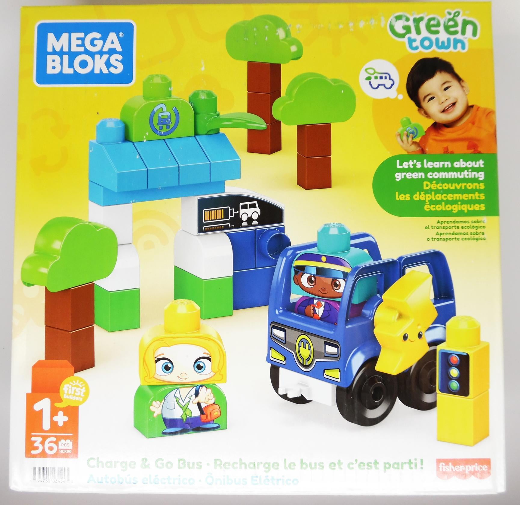 MEGA BLOKS Fisher-Price Toddler Building Blocks Green Town Charge & Go Bus 36pcs