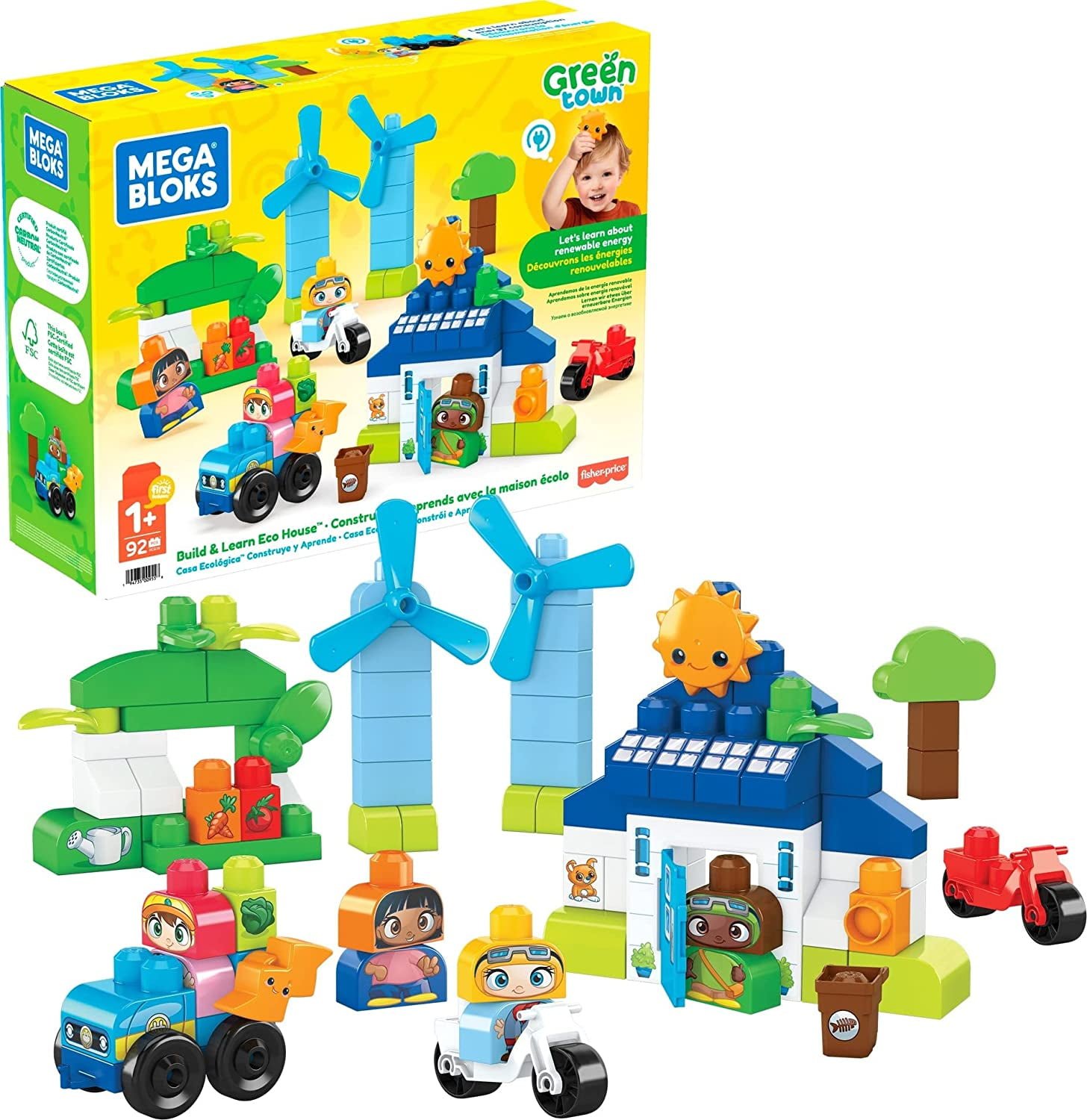 Mega Bloks Fattoria Ecologica Green Town – 54 Blocchi Costruzione, Amici Animali E Pannelli Solari – Giocattolo Per Bambini 1+ Anni