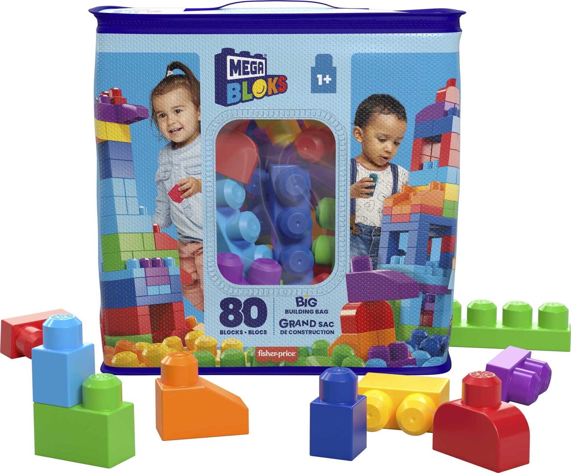 MEGA BLOKS Fisher-Price Toy Blocks Blue Big Building Bag with Storage (80 Pieces) for Toddler