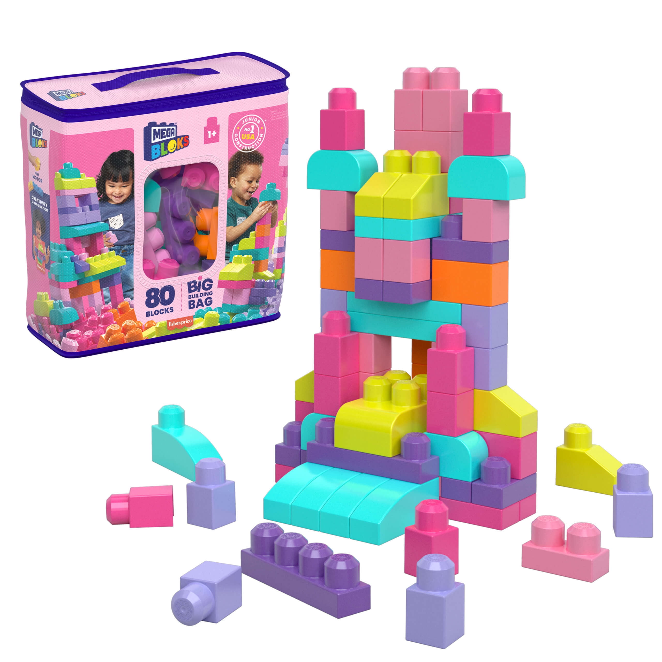 Mega Bloks First Builders Big Building Bag with Big Building Blocks,  Building Toys for Toddlers (80 Pieces) - Blue Bag