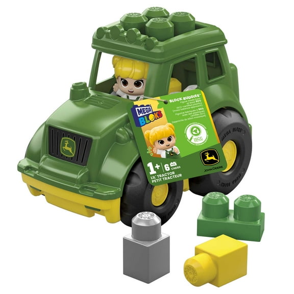 MEGA BLOKS John Deere Building Toy Blocks LiTractor (6 Pieces) For Toddler with Storage, 1 Figure