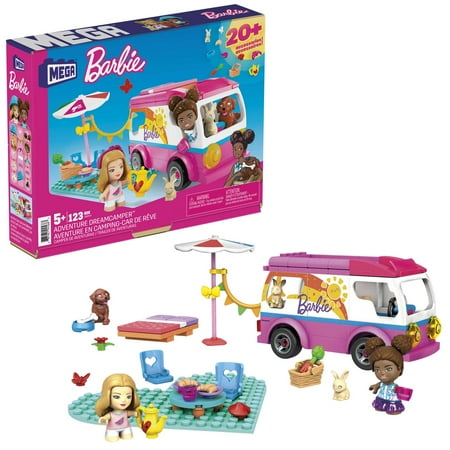 MEGA Barbie Building Toy Kit Adventure DreamCamper with 2 Micro-Dolls (123 Pieces)
