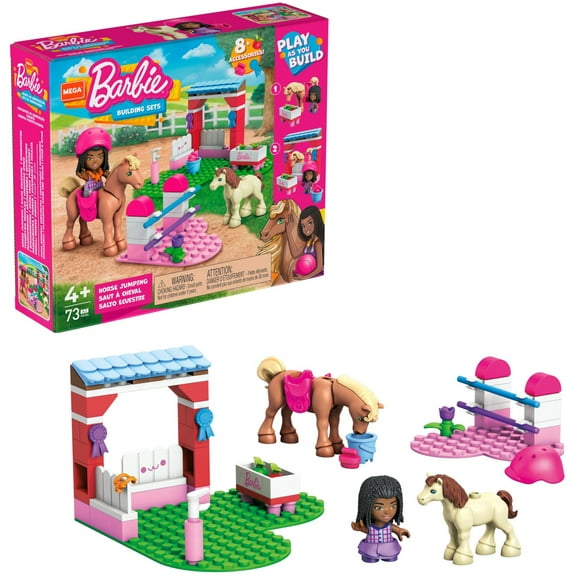 MEGA Barbie Building Toy Kit Horse Jumping with 1 Micro-Doll and Horses (73 Pieces)
