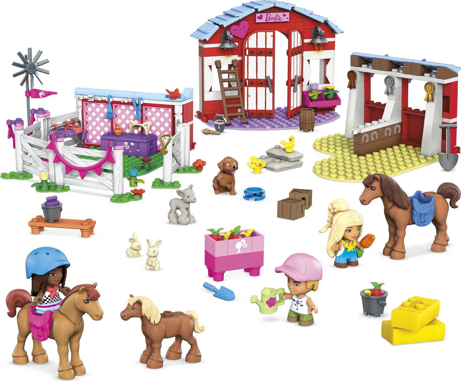 MEGA Barbie Building Toy Kit Horse Stables with 3 Dolls and Accessories 303 Pieces
