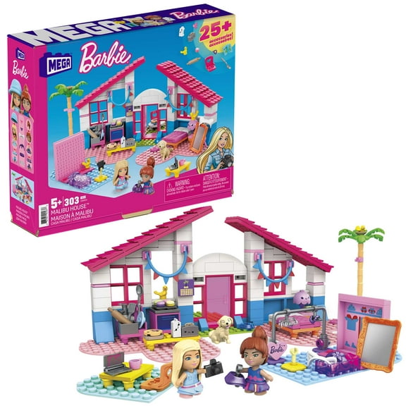 MEGA Barbie Building Toy Kit Malibu Dream House with 2 Micro-Dolls (303 Pieces)