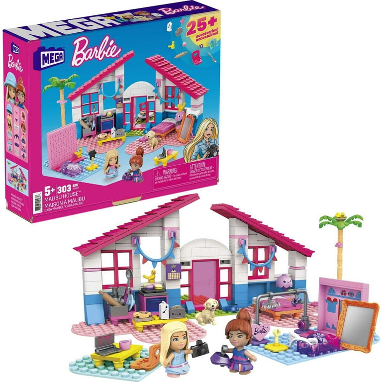 MEGA Barbie Building Toy Kit Malibu Dream House with 2 Micro-Dolls (303  Pieces) 