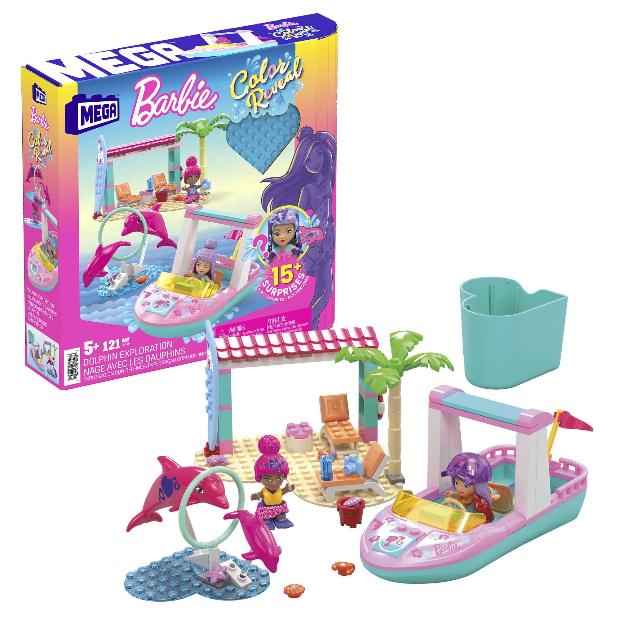 MEGA Barbie Color Reveal Dolphin Exploration Building Toy with 15 Surprises  (121 Pieces)