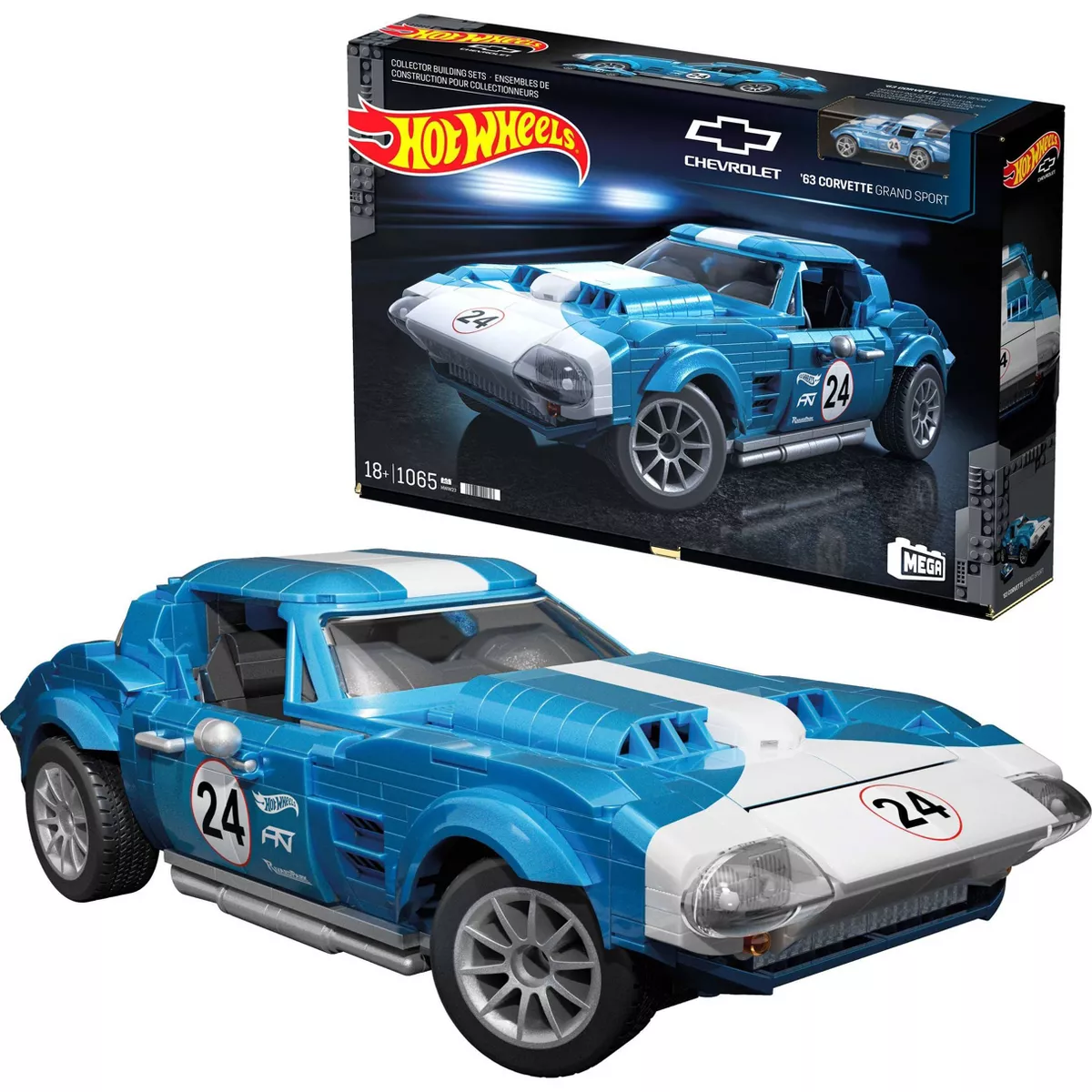 MEGA Hot Wheels 63 Corvette Grand Sport Race Car Building Toy Kit