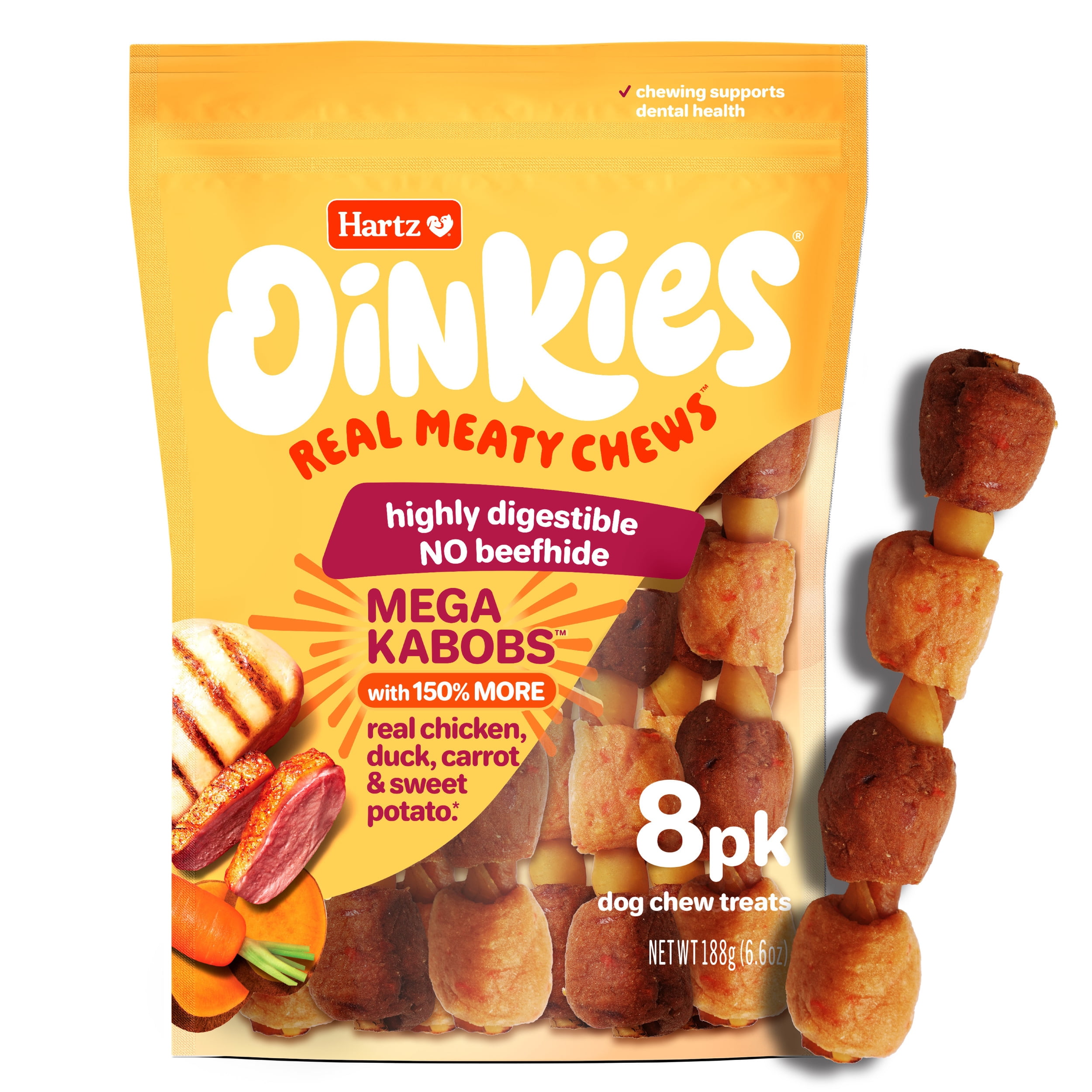 Hartz Oinkies MEGA Kabobs, Real Meaty Dog Chews with 100% Real Chicken, Duck, Carrot and Sweet Potato, 6.6 oz Bag, 8ct