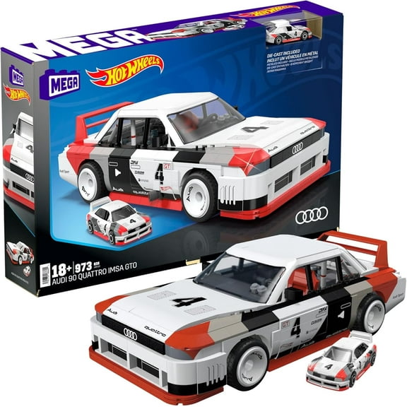 MEGA Hot Wheels Collectible Car Building Toy, 973 Brick Pieces, 1:15 Scale, Audi 90 Quattro IMSA GTO, with Die Cast Model