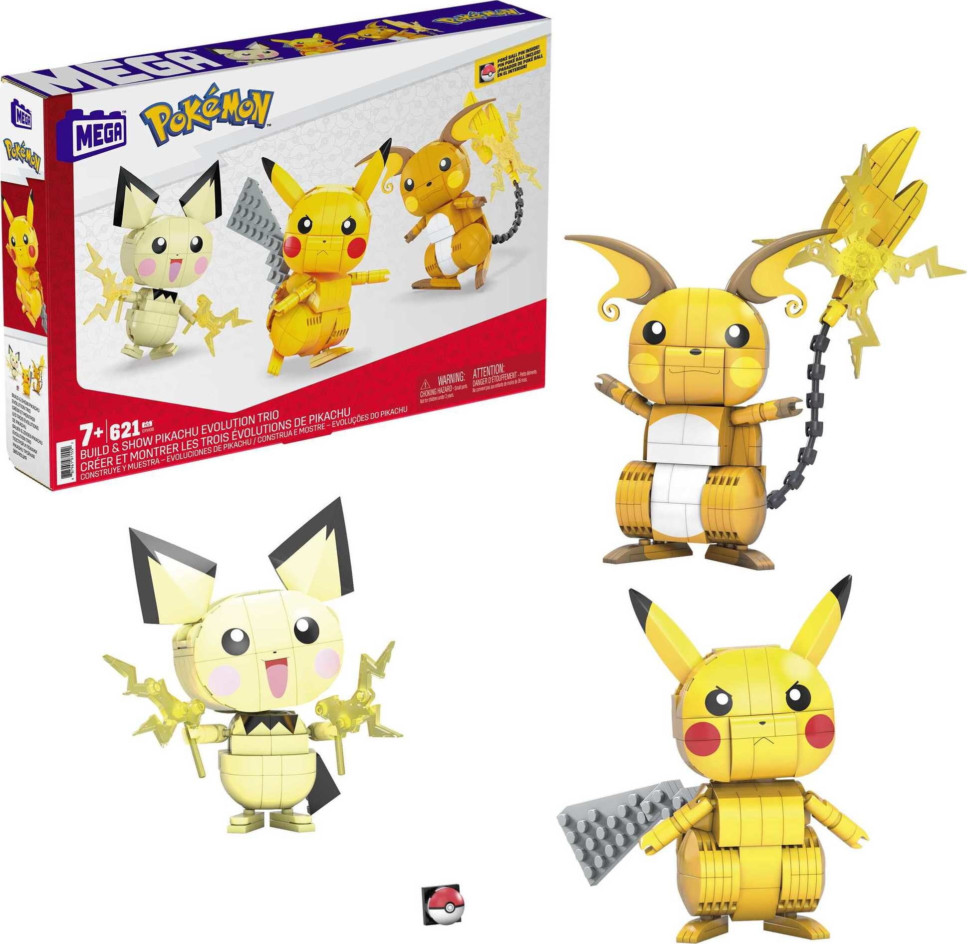 MEGA Pokemon Build & Show Pikachu Evolution Trio Construction Set, Building  Toys for Kids