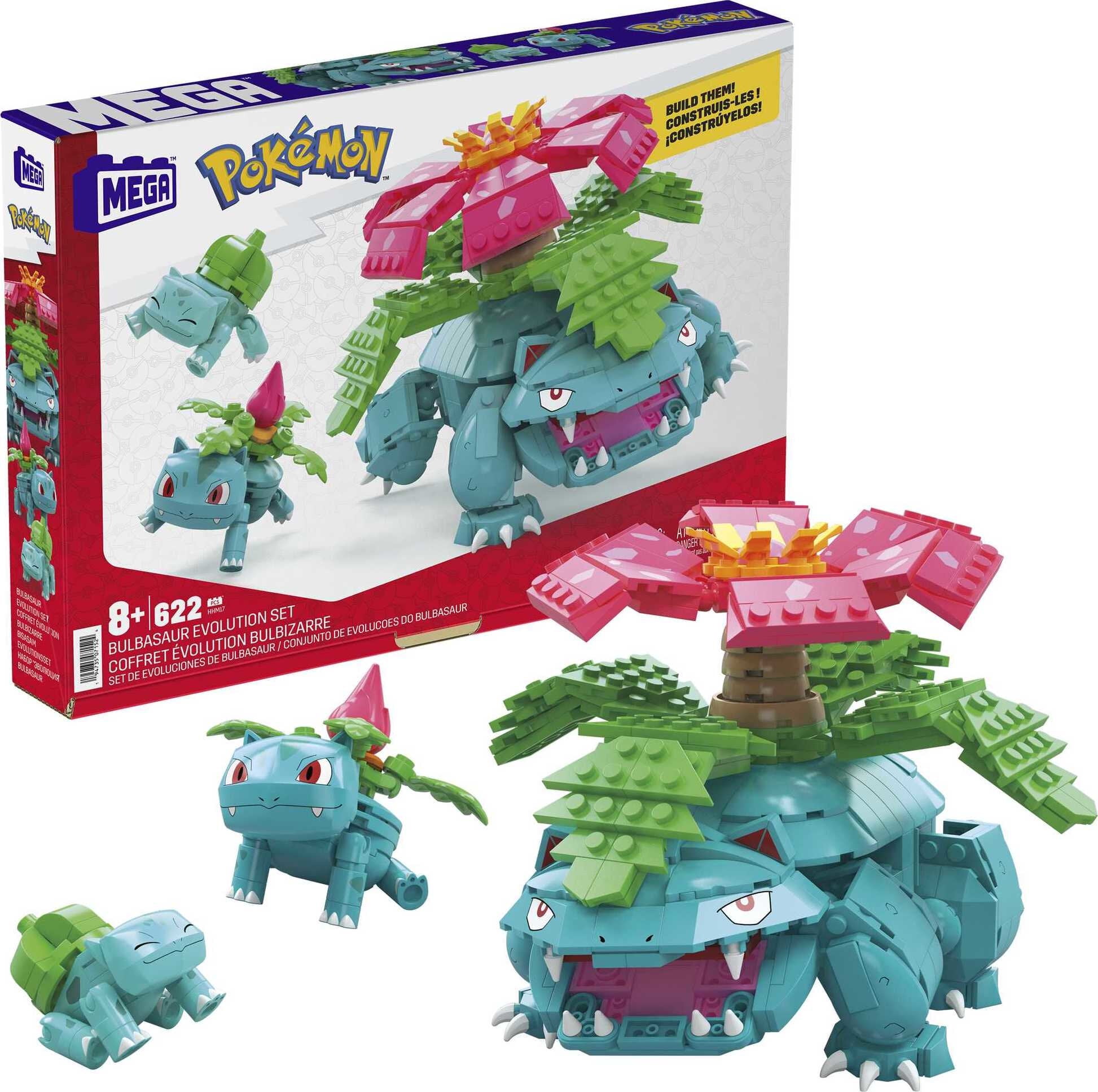 MEGA Pokemon Building Toy Kit Bulbasaur Set with 3 Action Figures (622  Pieces) for Kids