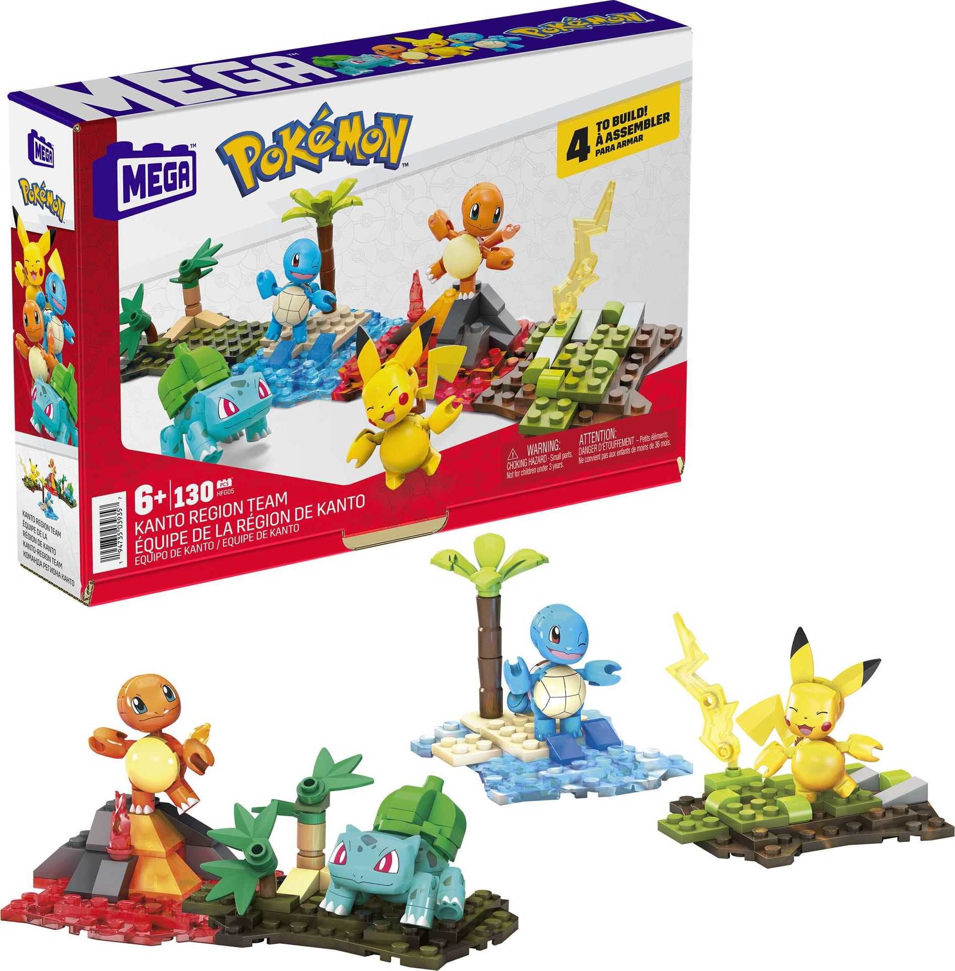 MEGA Pokemon Building Toy Kit Kanto Region Team with 4 Figures (130 Pieces)  for Kids 