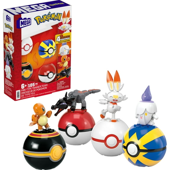 MEGA Pokemon Fire-Type Team Building Toy Kit, 4 Action Figures (105 Pieces) for Kids