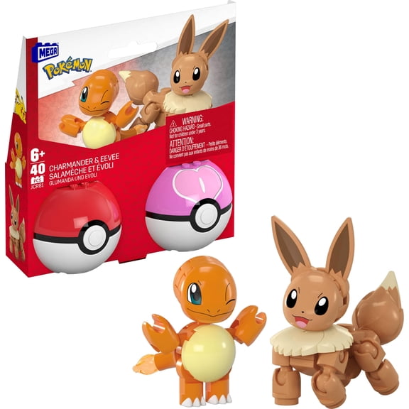 MEGA Pokmon Action Figure Building Toys Set, Pok Ball 2-Pack, Charmander and Eevee with 40 Pieces, for Kids