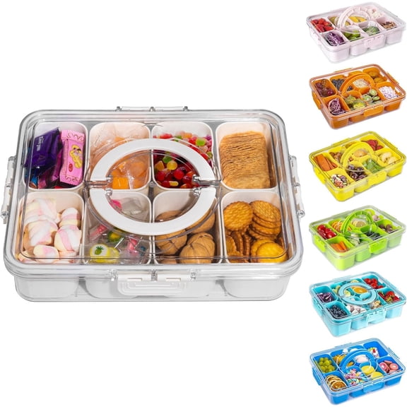 MEGADOO Divided Snack Organizer Tray with Lid Handle Portable Snack Container for Fruits Nuts Candy White 1-Pack