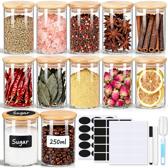 MEGADOO Glass Spice Jars with Bamboo Lids 12 Pack, 250ml Empty Spice Containers with Labels, Airtight Small Seasoning Jars for Salt, Pepper, Chili Powder, Sugar, Loose Tea Storage