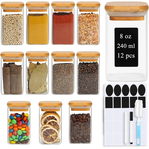 MEGADOO 8oz Glass Spice Jars with Bamboo Lids, 12 Pack Airtight Seasoning Containers with Labels