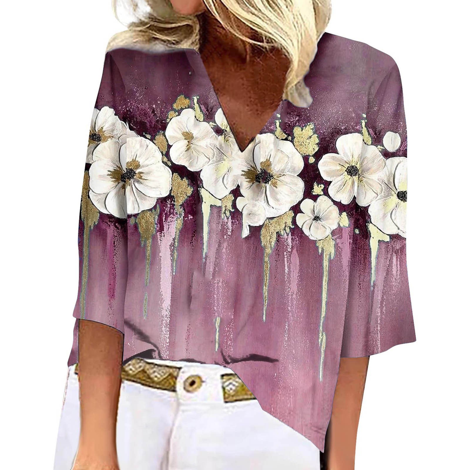 ChuChuDonRen Womens 3/4 Sleeve Summer Tshirt V Neck Polyester Floral